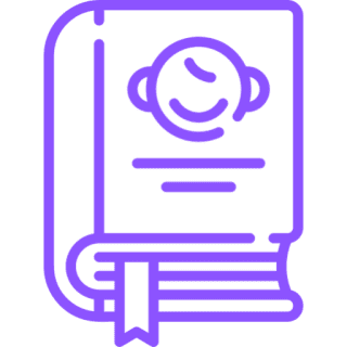 Purple outlined book with a planet symbol.