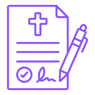 Document with cross, pen, and signature icon.