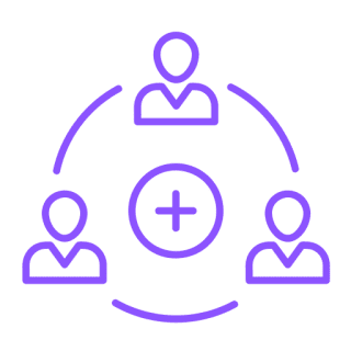 Three connected people with plus sign.