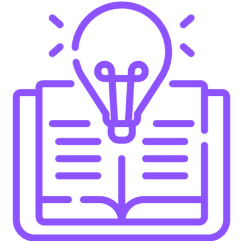 Open book with lightbulb, purple outline.