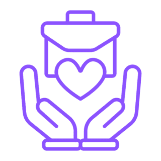 Hands holding heart and briefcase icon.